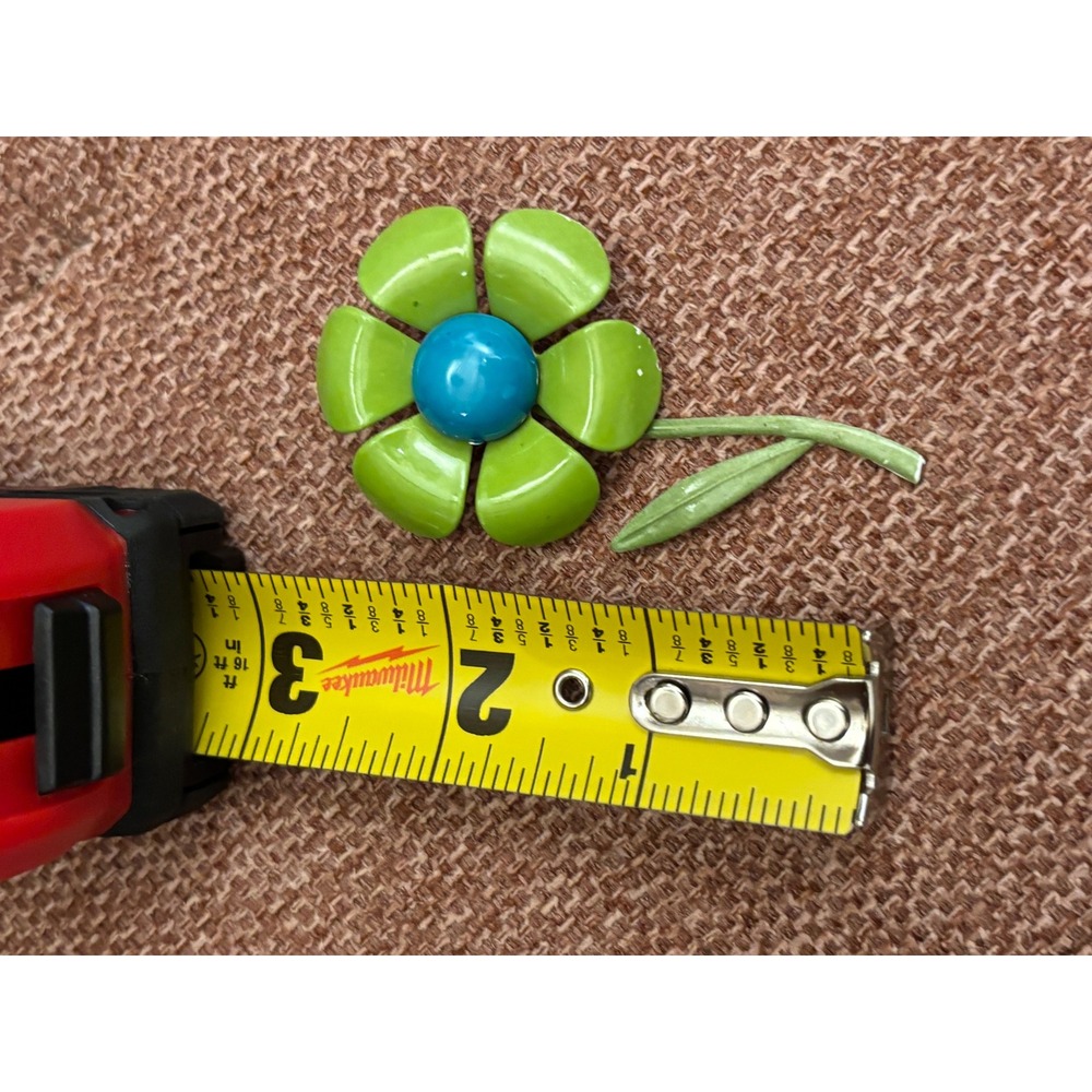 Vintage 60s Enamel Flower Brooch Lime Green Turquoise Blue Floral Pin Retro - Picture 3 of 3